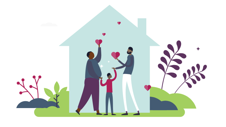 Illustration of a family of three holding hearts in front of their house